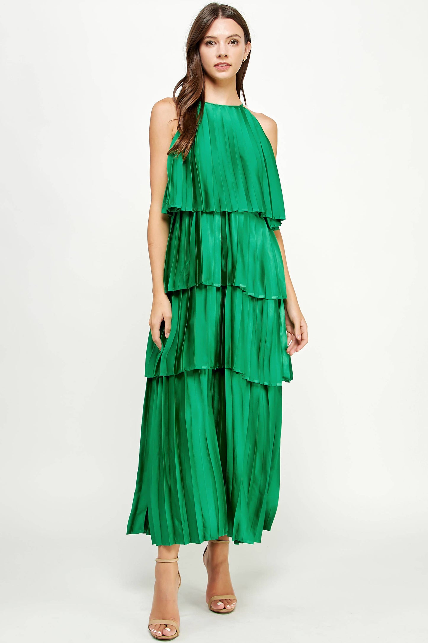 Pleated Satin Tiered Maxi Dress