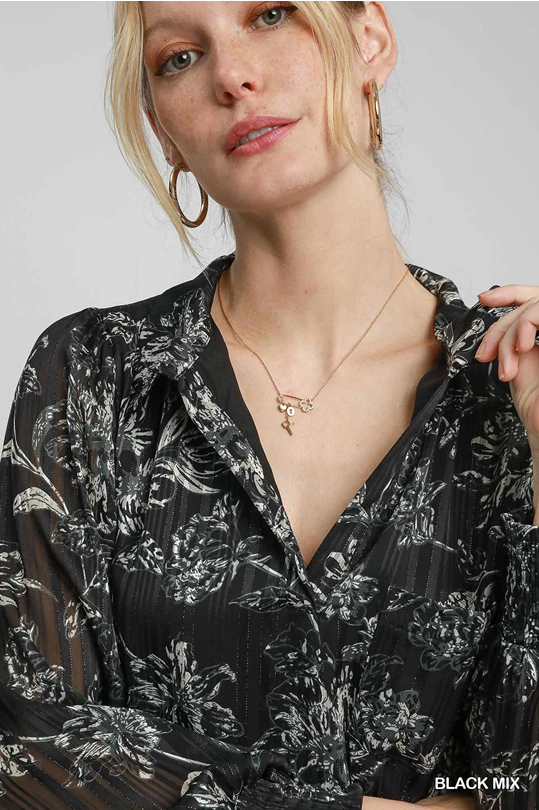 Black/ Cream Floral Shimmer Wrap Blouse