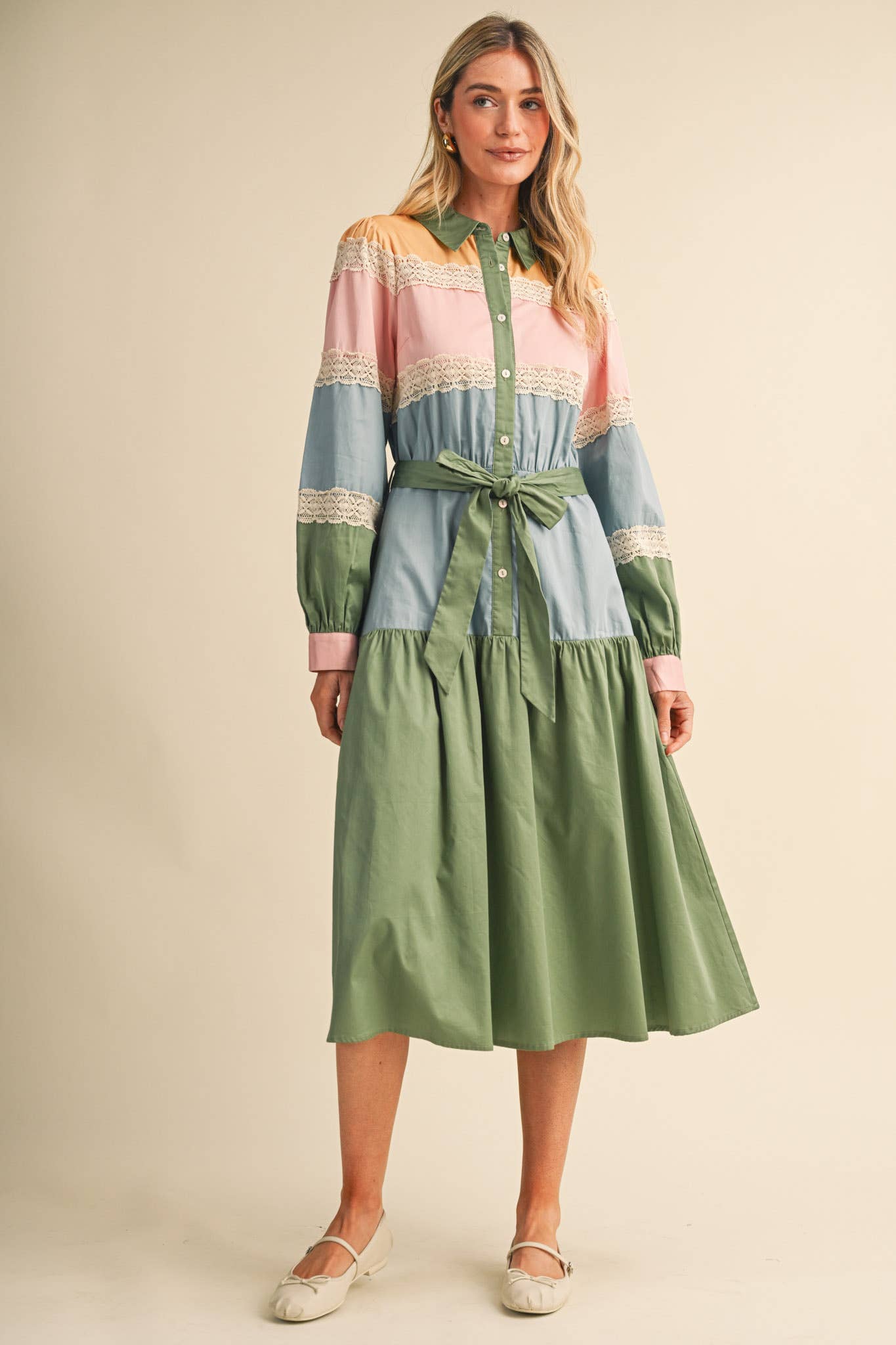 TIERED COLOR BLOCK LACE TRIM BUTTON UP MIDI DRESS MDR5266