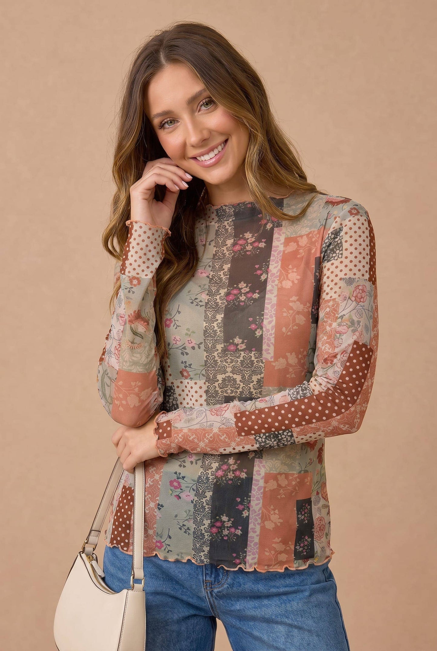 Patchwork Mesh High Neckline Frilled Top