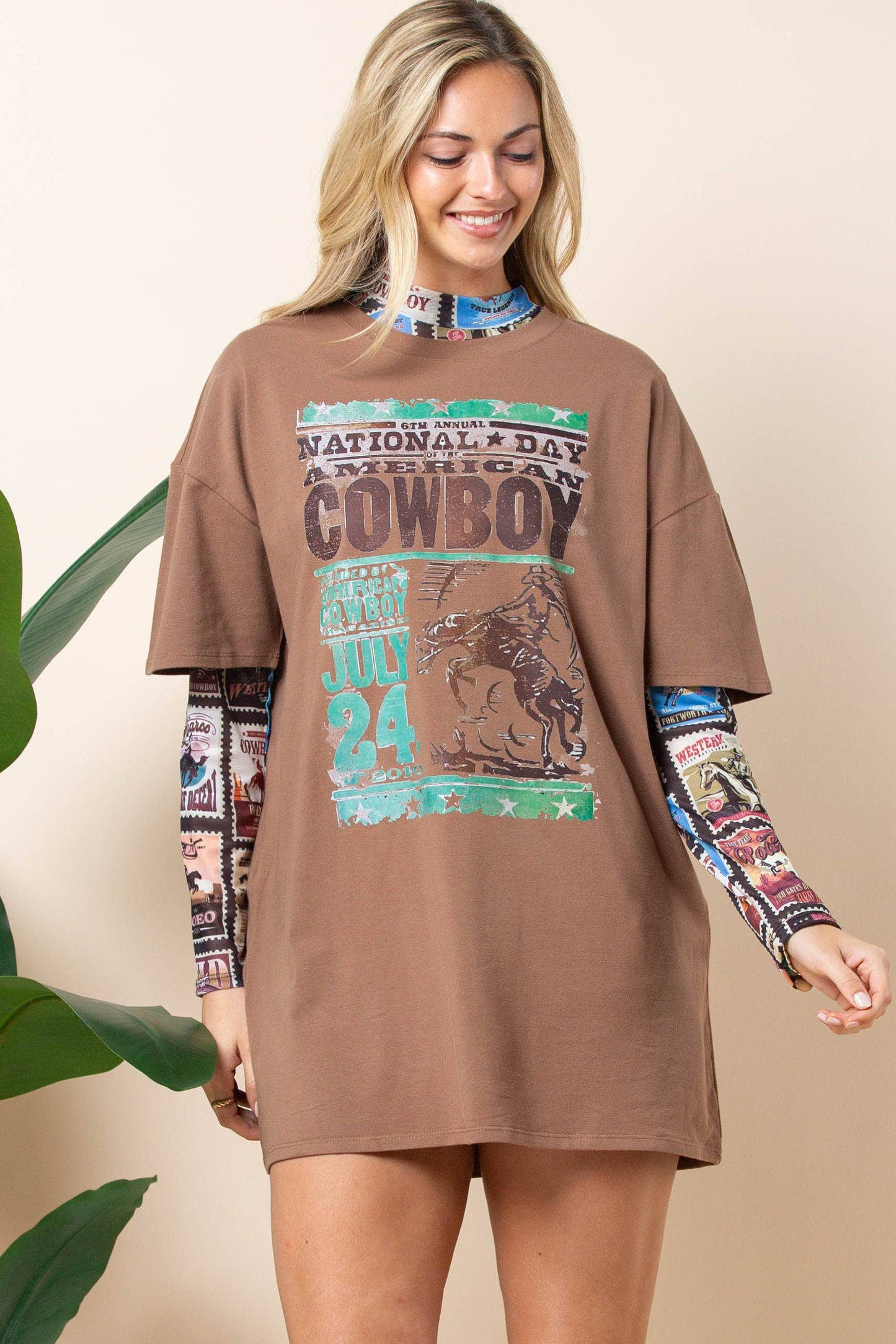 AV1230-EMELIE VINTAGE WESTERN PRINT MESH TOP