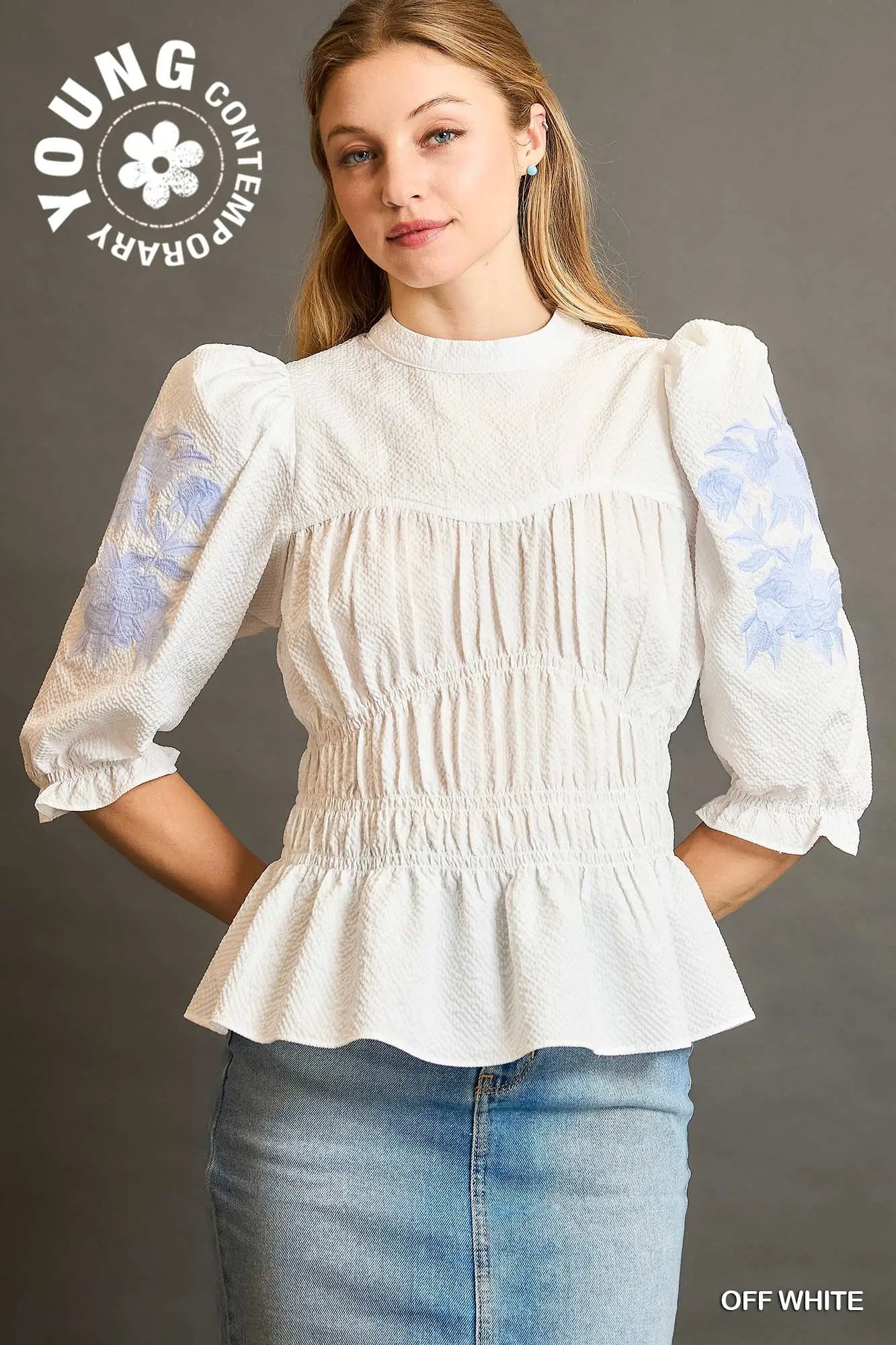 Peplum Blouse with Embroidered Baby Blue on Puff Sleeves