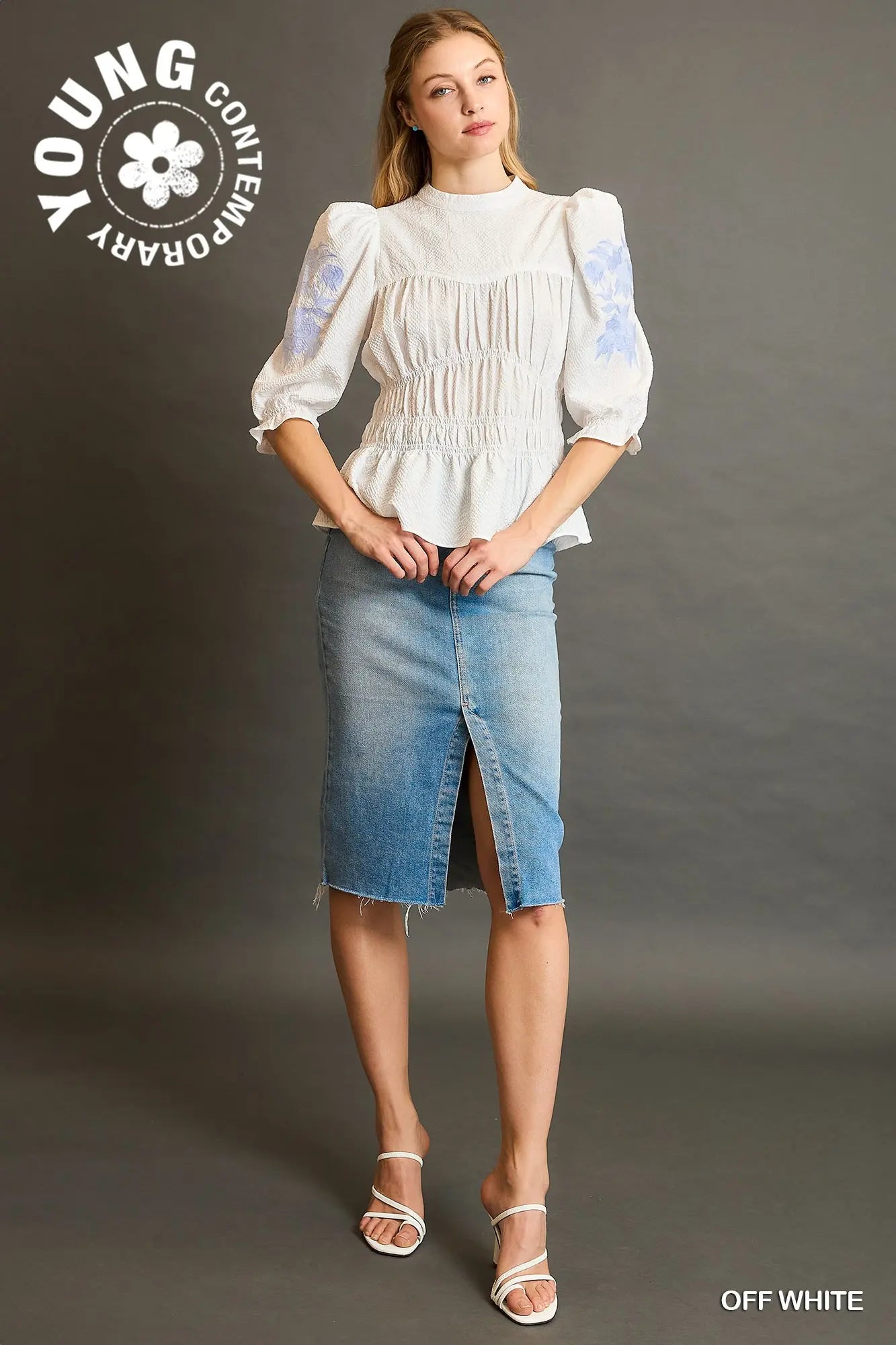 Peplum Blouse with Embroidered Baby Blue on Puff Sleeves