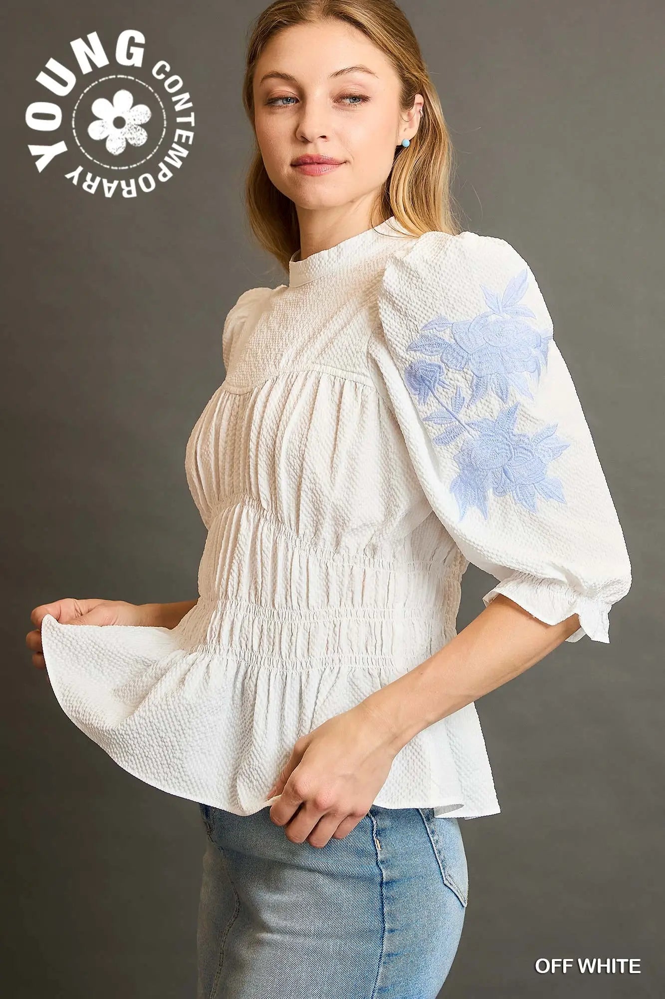 Peplum Blouse with Embroidered Baby Blue on Puff Sleeves