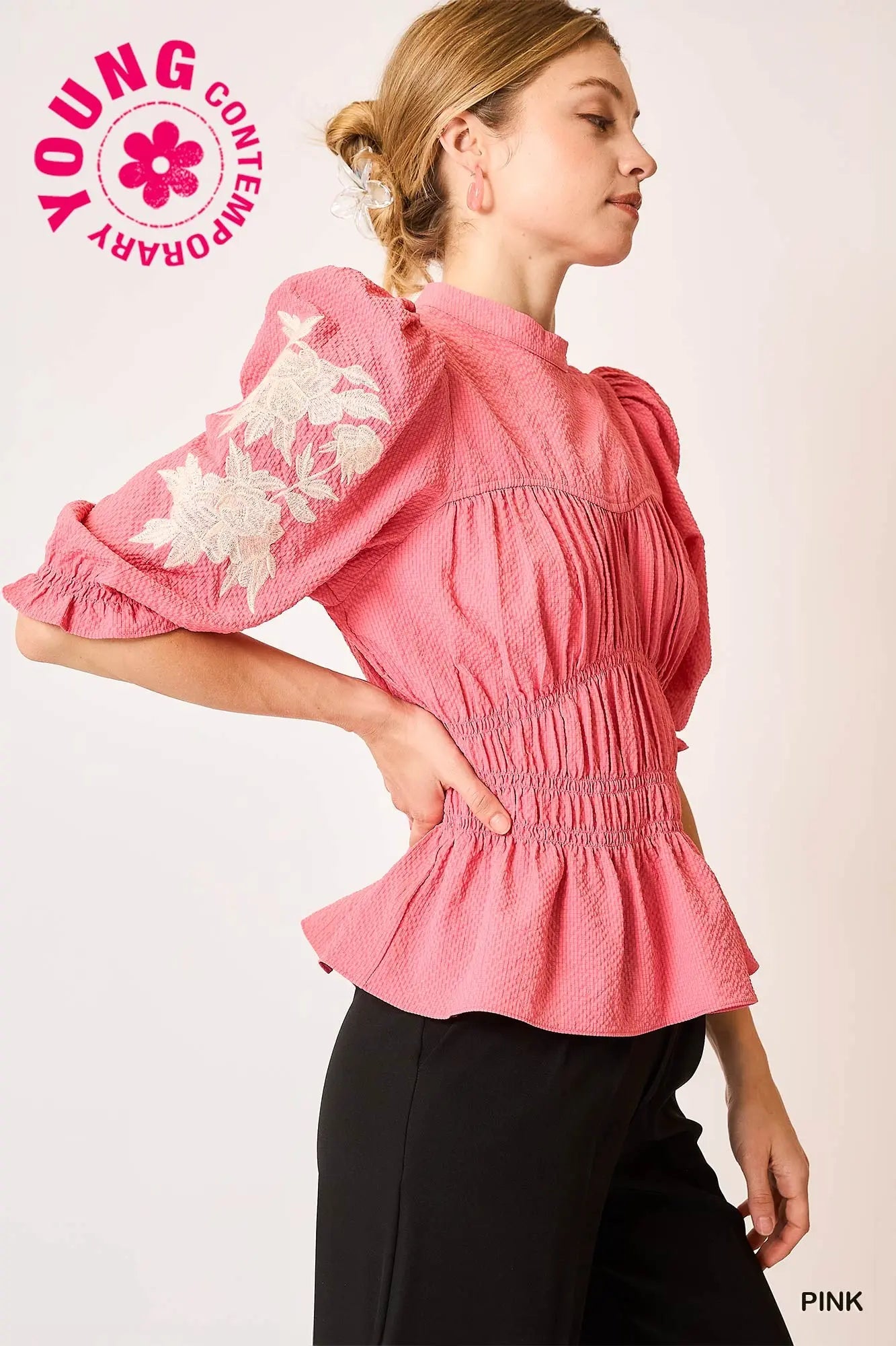 Peplum Blouse with Embroidered White on Puff Sleeves