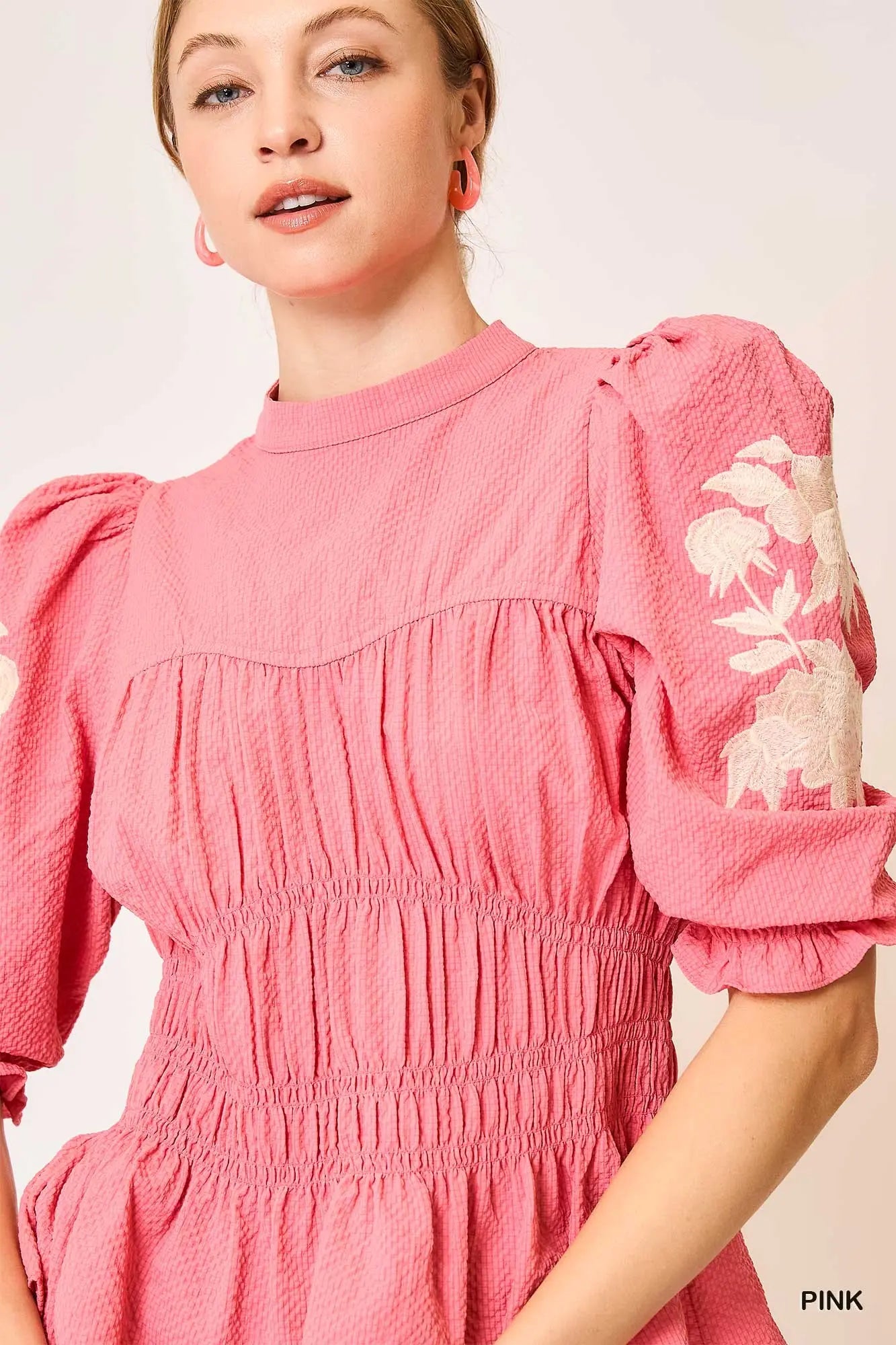 Peplum Blouse with Embroidered White on Puff Sleeves
