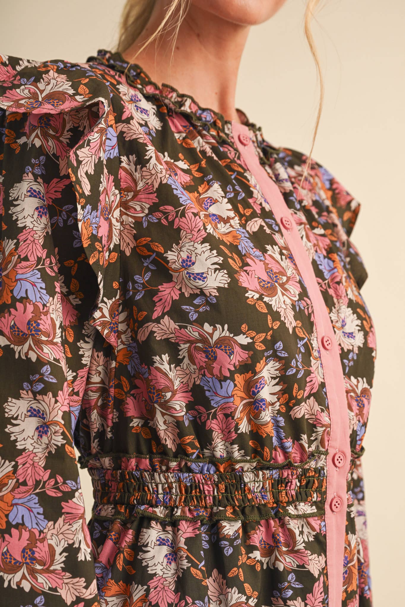 FLORAL BUTTON DOWN CONTRAST BINDING MIDI DRESS MDR5246