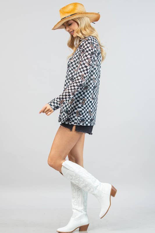 AV1230-VALERIE-5442 WESTERN PRINT CHECKERS PRINT MESH TOP
