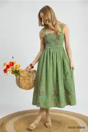 SAGE GREEN SLEEVELESS WITH BIRDS, STARS, AND PALM TREES