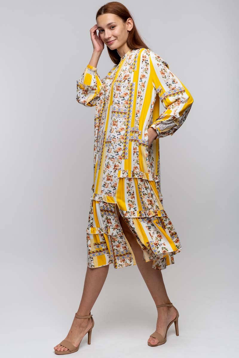 CREW NECK PRINTED DRESS WITH POCKETS