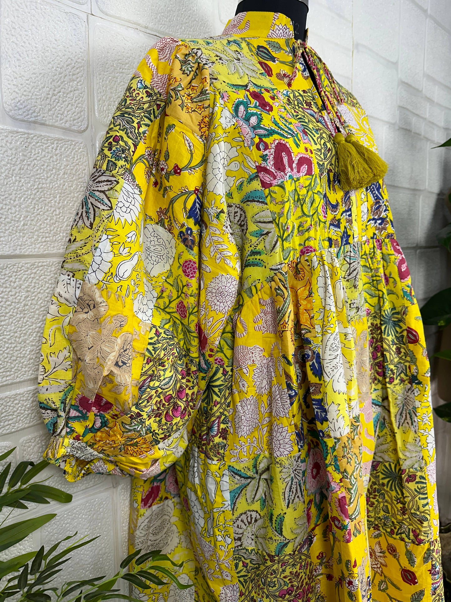 YELLOW SHADES- Hand Patchwork Cotton Dress OneSize