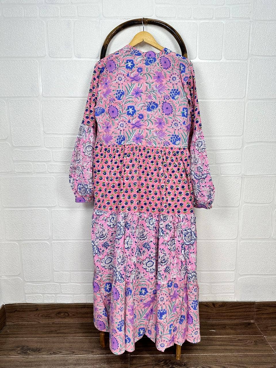 Pink 3 Layer Maxi Dress Pure Cotton Hand Block Print OneSize