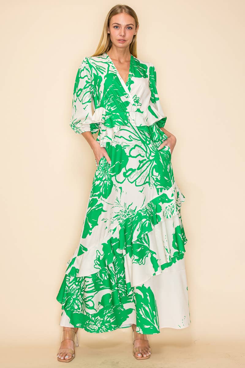 V NECK DRESS WITH RUFFLES AND POCKETS