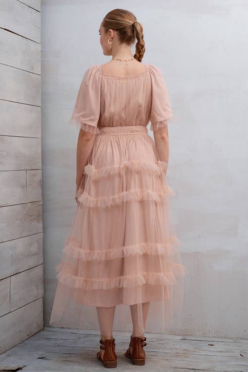 SHORT SLEEVE TULLE TIER MIDI DRESS