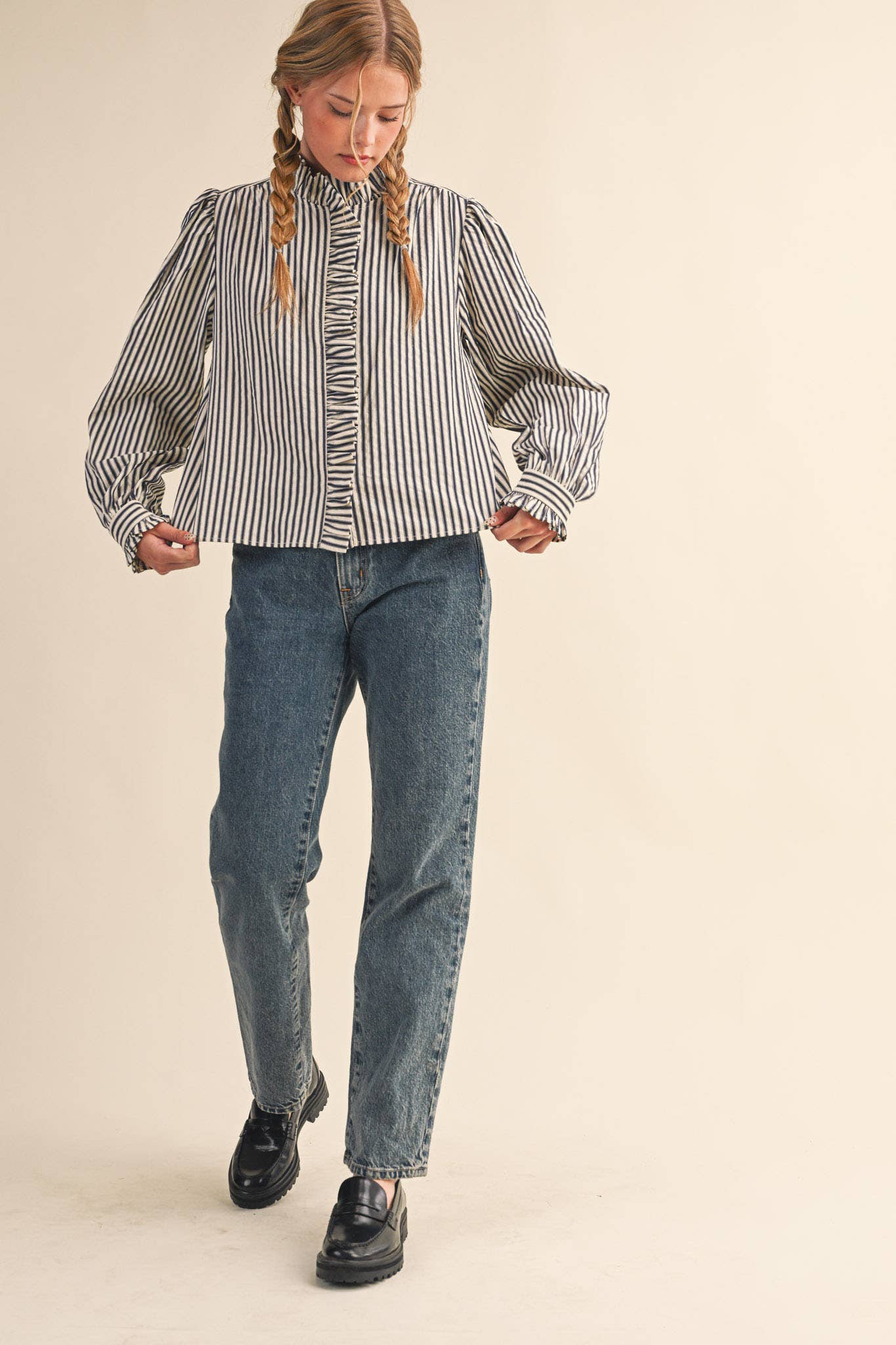 STRIPED RUFFLED BUTTON DOWN LONG SLEEVE TOP MTP4319