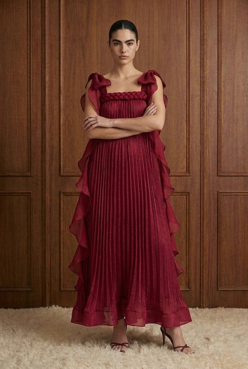 Braided Plissé Ruffle Trapeze Maxi Dress