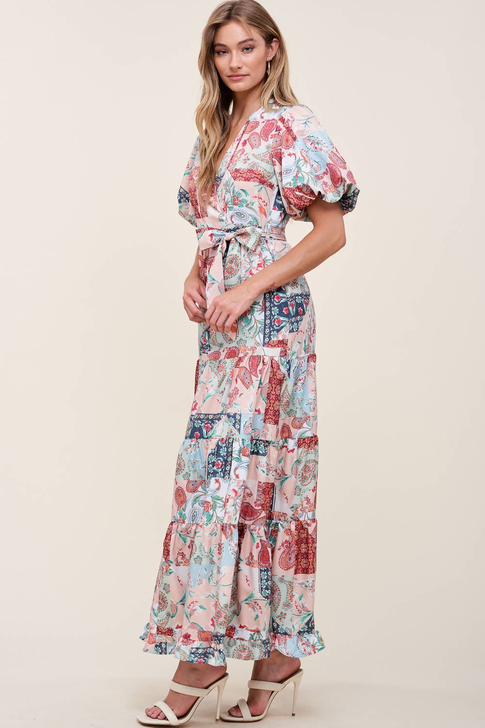 PRINTED V NECK DRESS WITH SELF TIE BOW