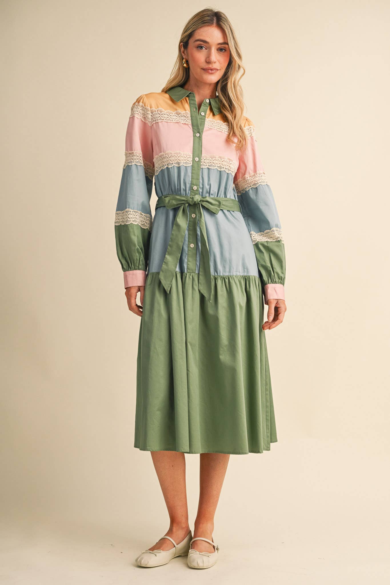 TIERED COLOR BLOCK LACE TRIM BUTTON UP MIDI DRESS MDR5266