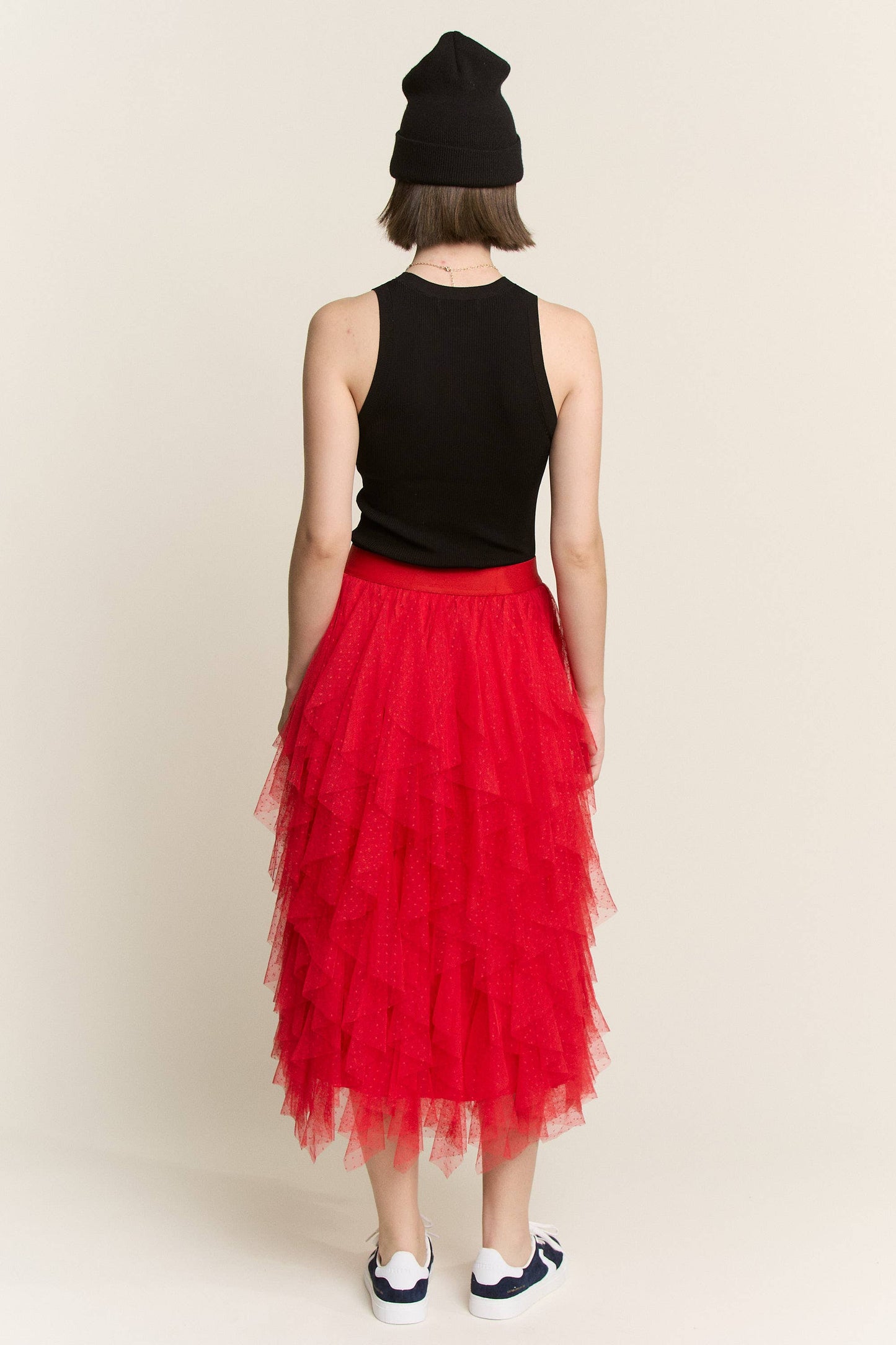 Layered Polka Dot Mesh Lined A-Line Midi Skirt JJB6007