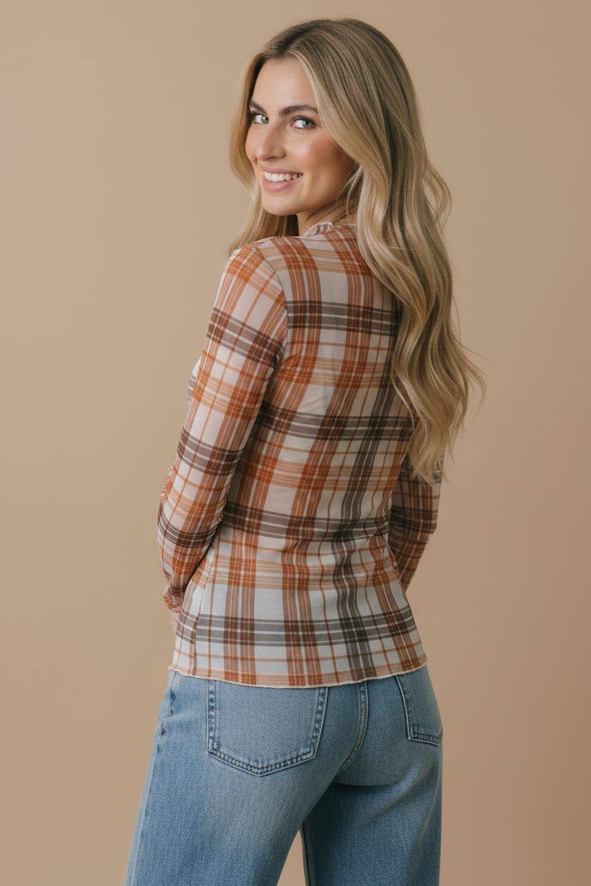 Plus Plaid Mesh Semi Sheer Top