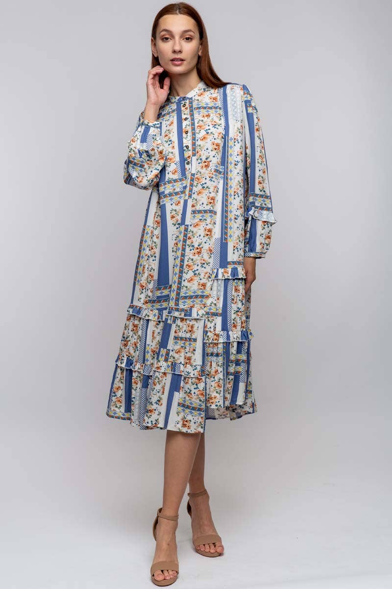 CREW NECK PRINTED DRESS WITH POCKETS