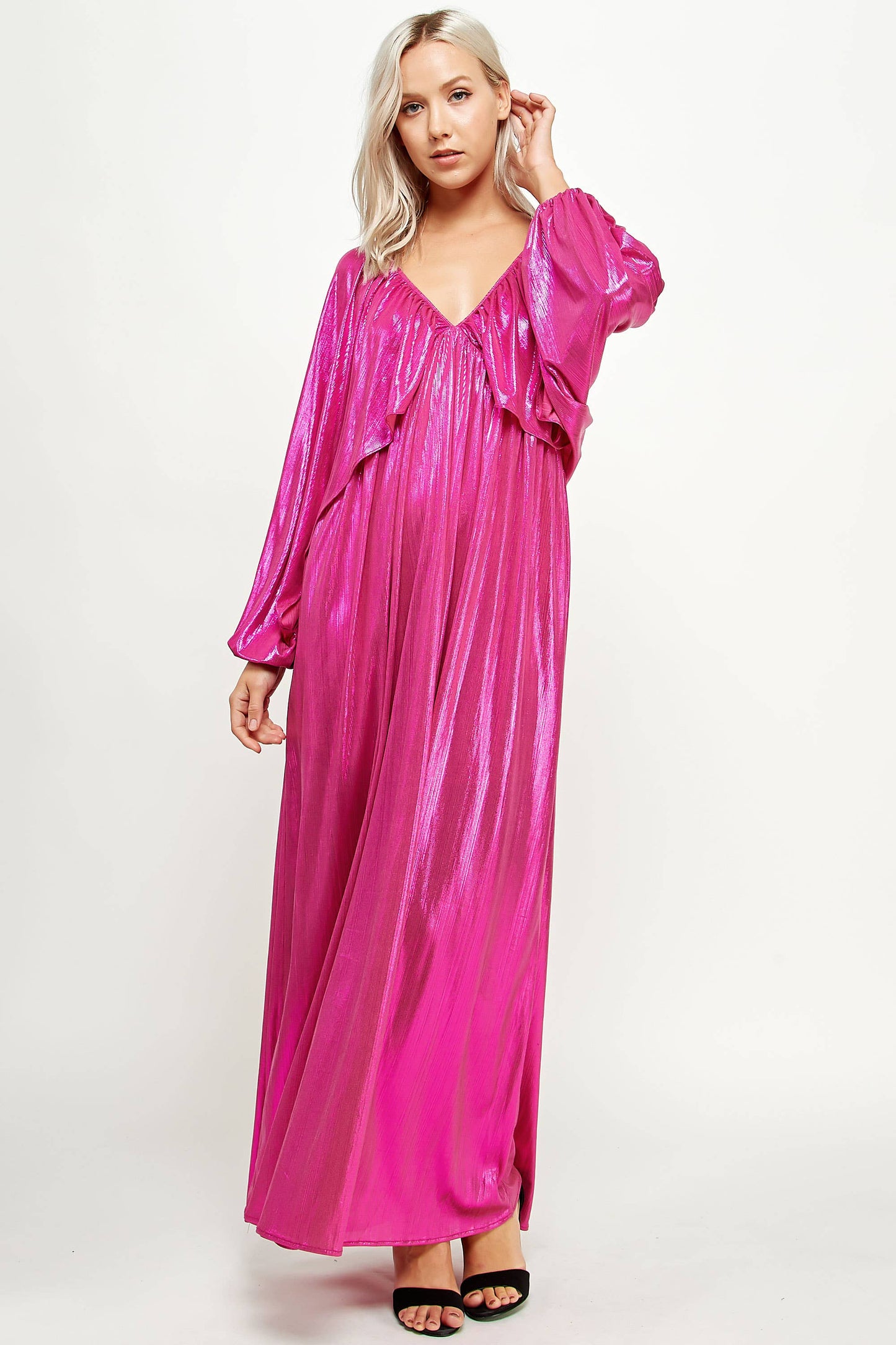 Shirred Metallic Maxi Dress