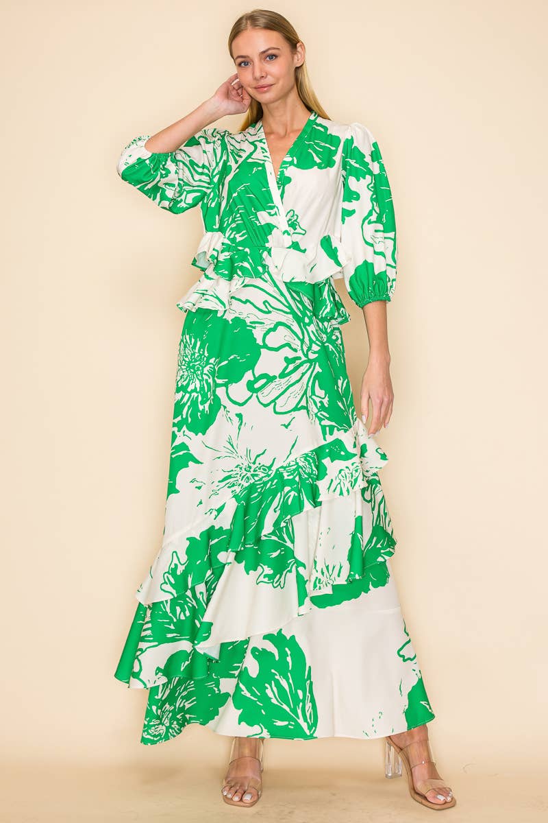 V NECK DRESS WITH RUFFLES AND POCKETS