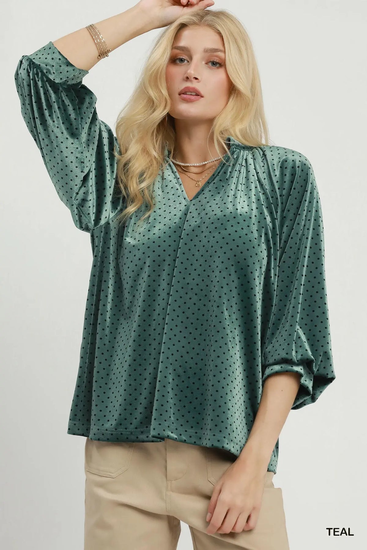 Evening Charm Dotted Balloon-Sleeve Blouse