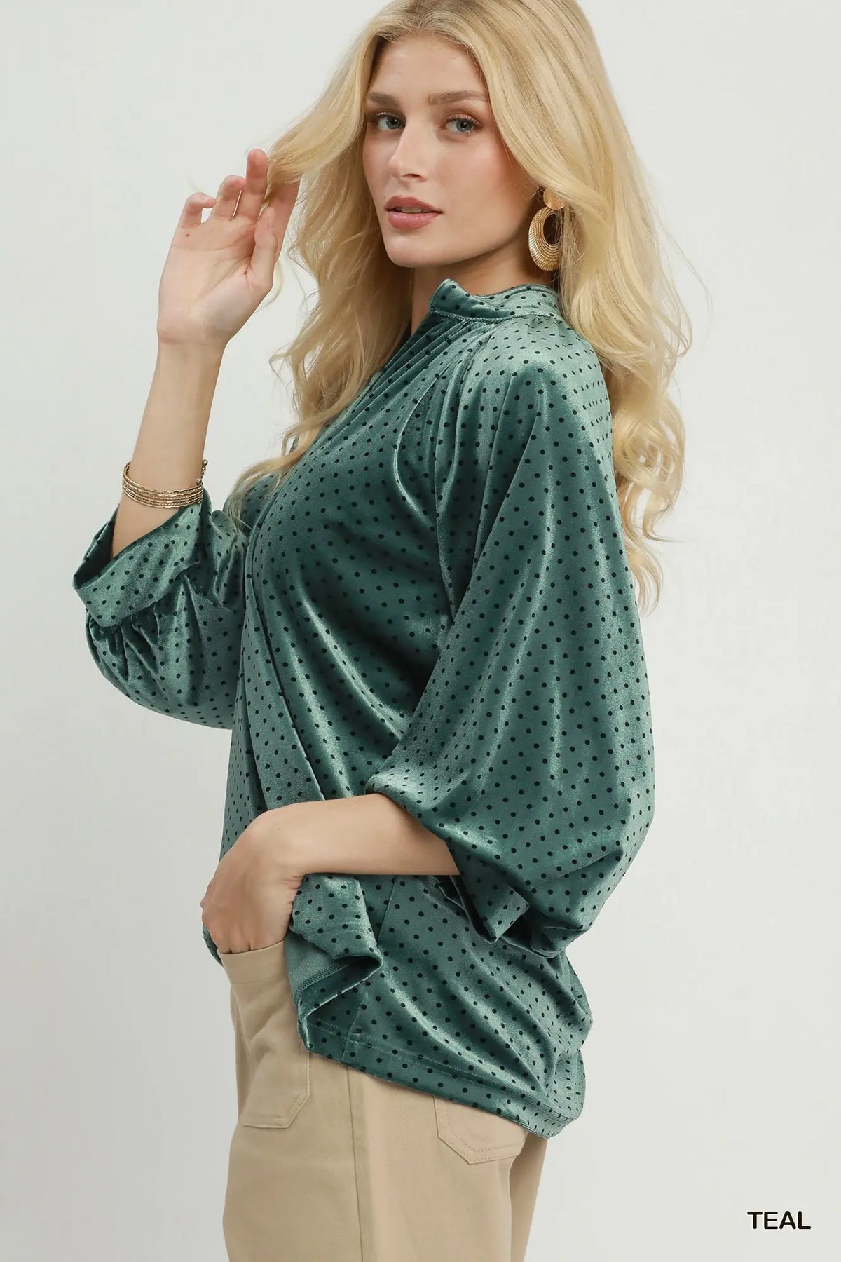 Evening Charm Dotted Balloon-Sleeve Blouse