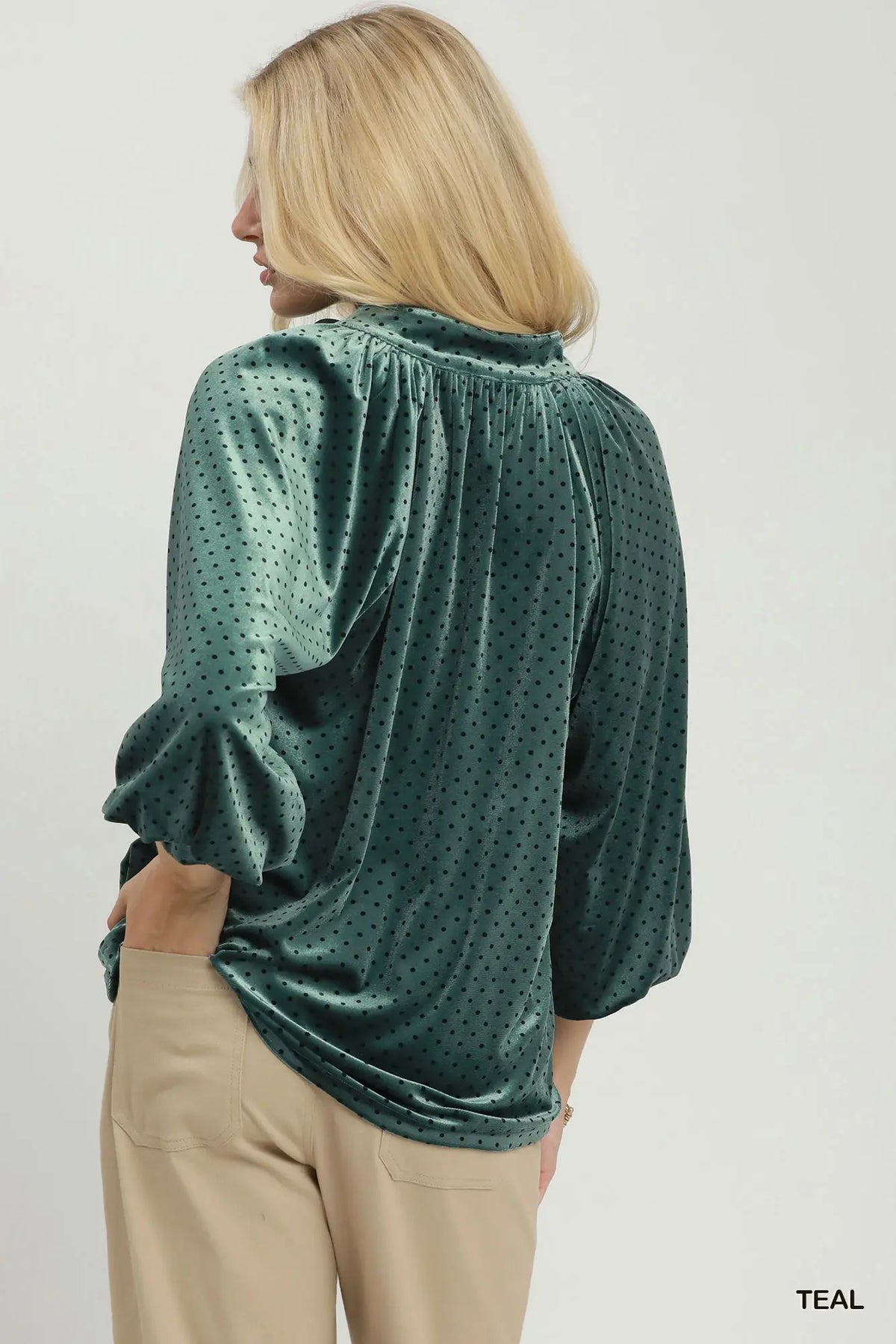 Evening Charm Dotted Balloon-Sleeve Blouse
