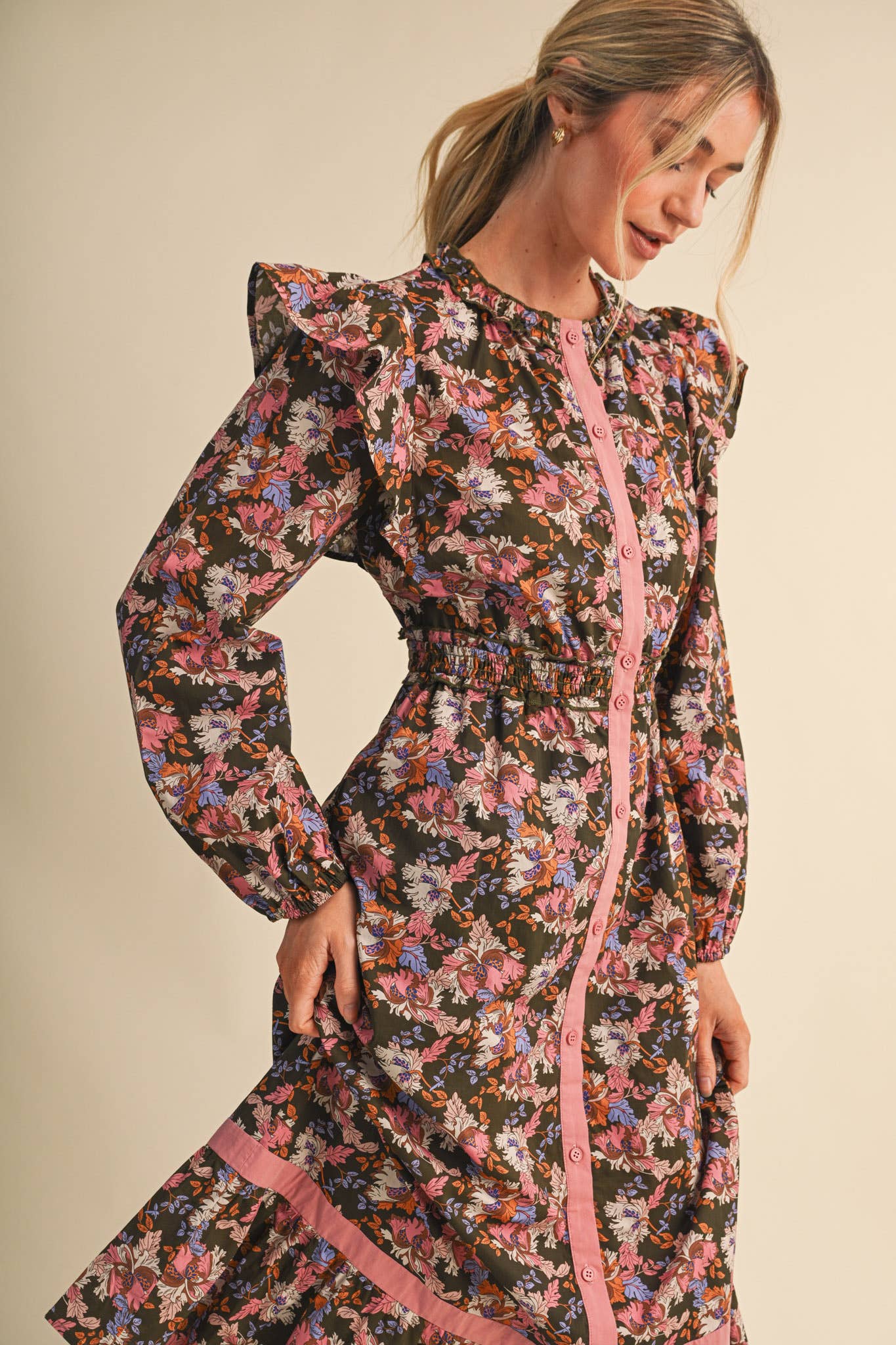 FLORAL BUTTON DOWN CONTRAST BINDING MIDI DRESS MDR5246