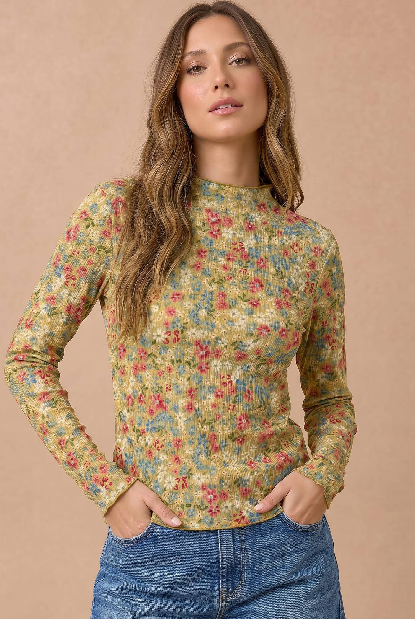 Plus Mock Neck Frilled Floral Print Rib Knit Top