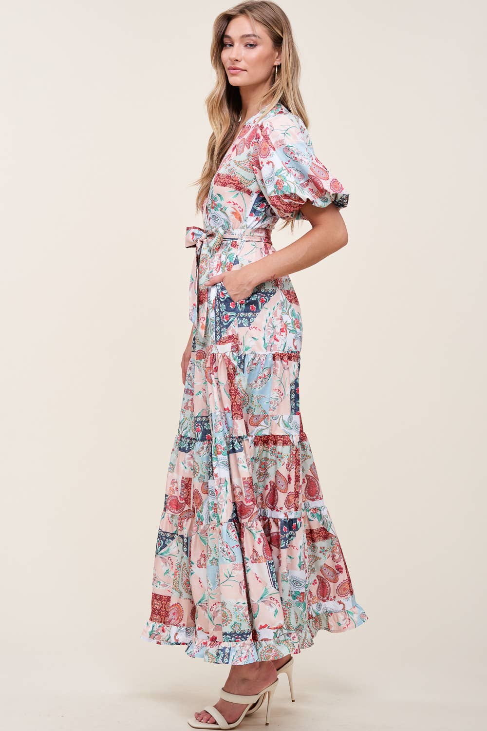 PRINTED V NECK DRESS WITH SELF TIE BOW