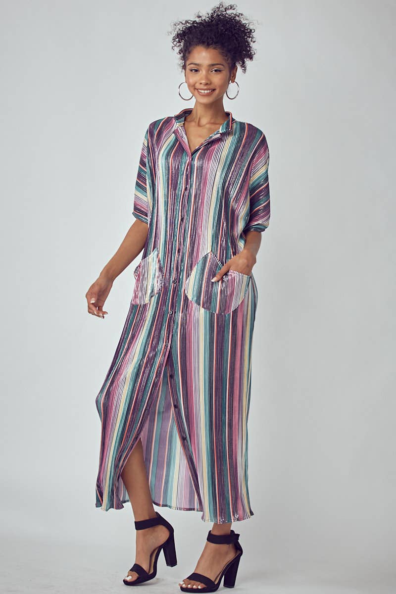 PLEATED METALLIC SOFT DRESS WITH POCKETS