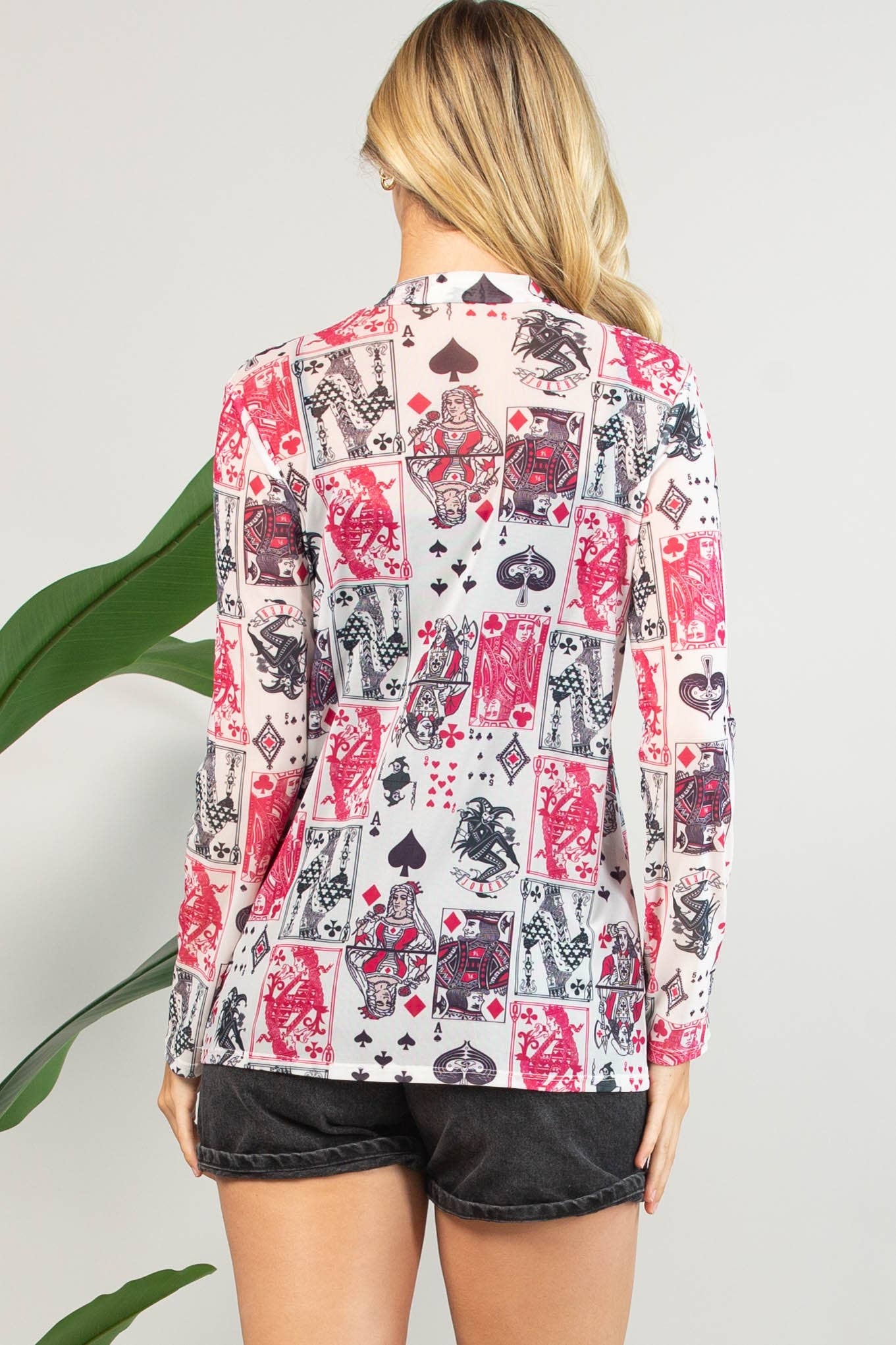 AV1230-ELLEN PLAYING CARDS PRINT SEMI SHEER MESH TOP