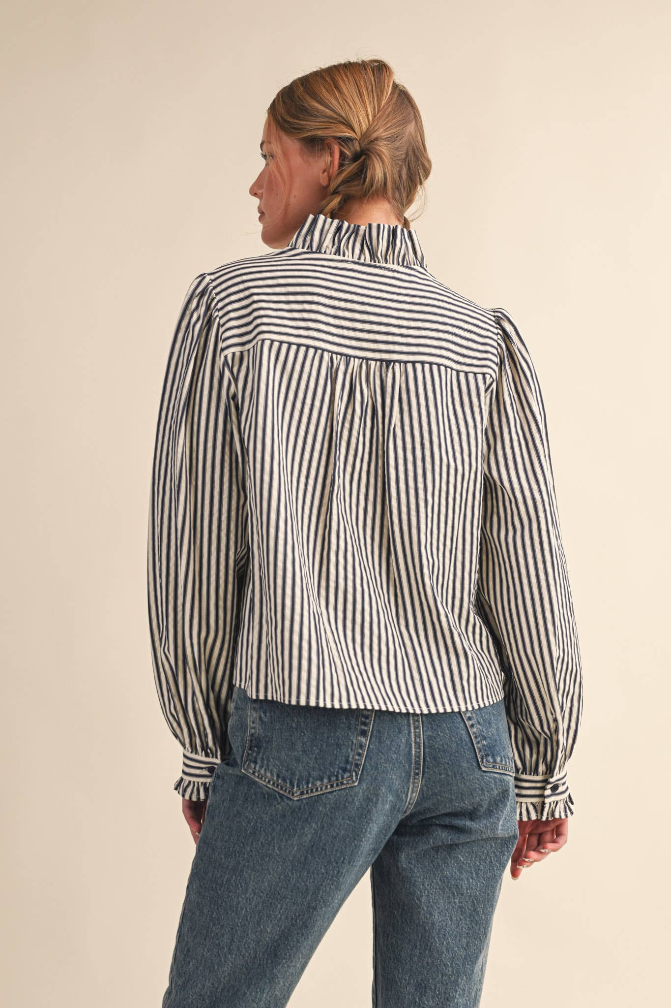 STRIPED RUFFLED BUTTON DOWN LONG SLEEVE TOP MTP4319