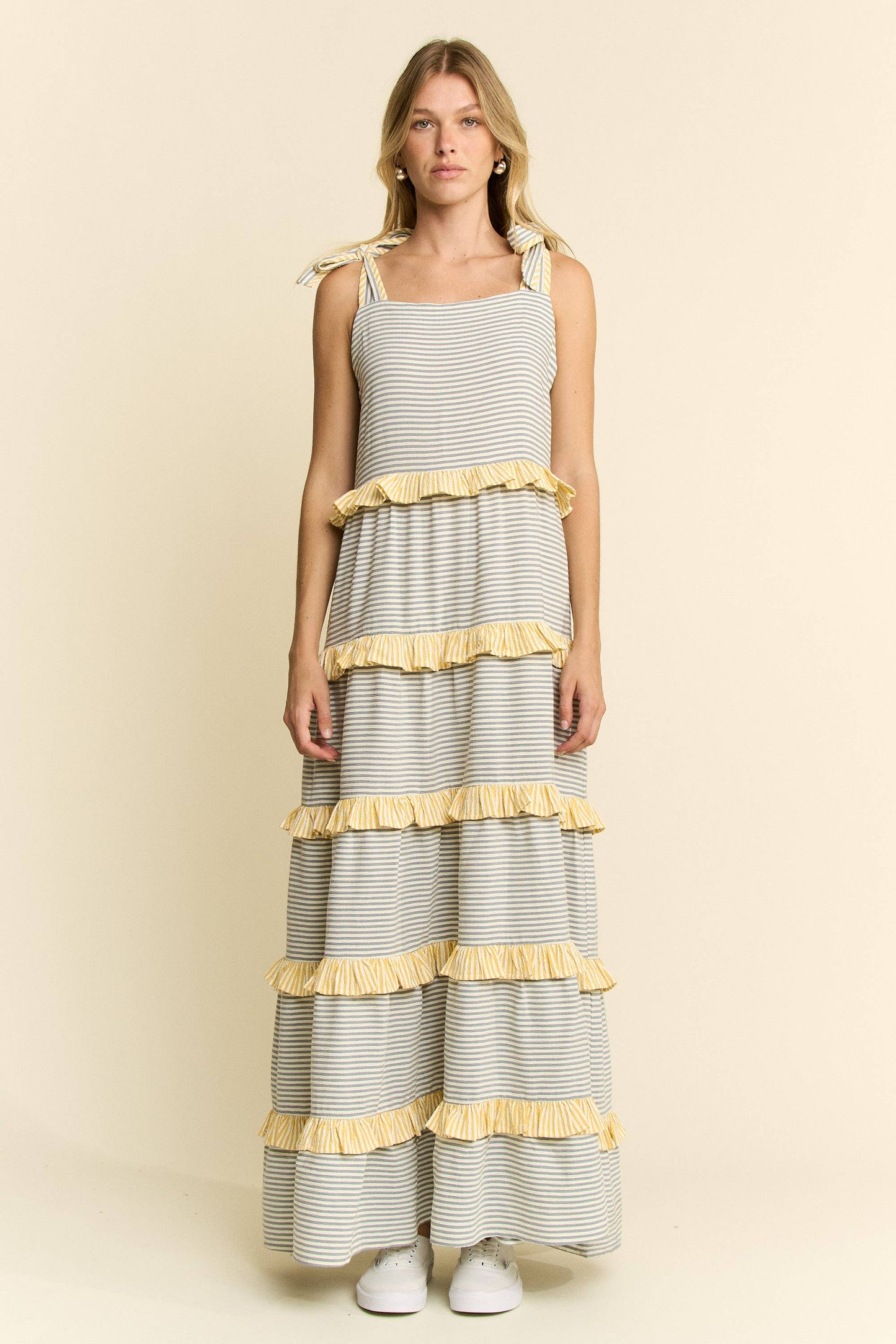 STRIPED TWO TONE TIERED MAXI DRESS