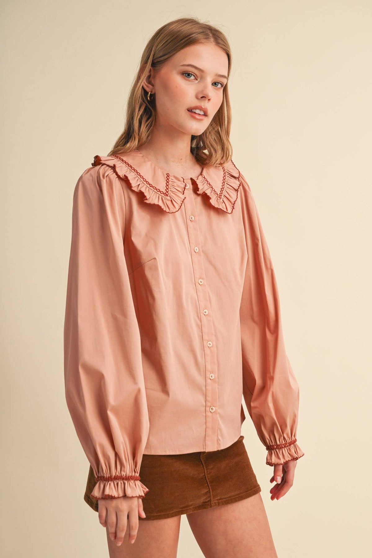 EMBROIDERED RUFFLED DOLL COLLAR BUTTON UP TOP MTP5154
