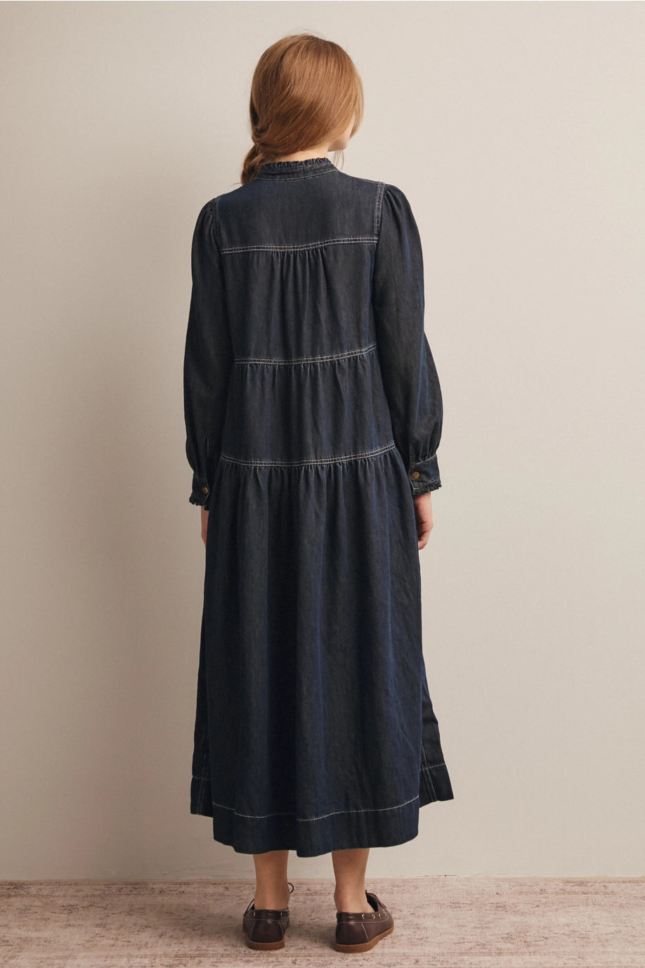 Dark Denim Tiered Zip-Front Maxi Dress