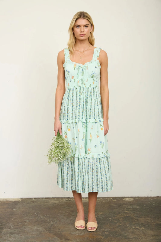 Sage Tiered Multi-colorblock Floral Midi Sundress