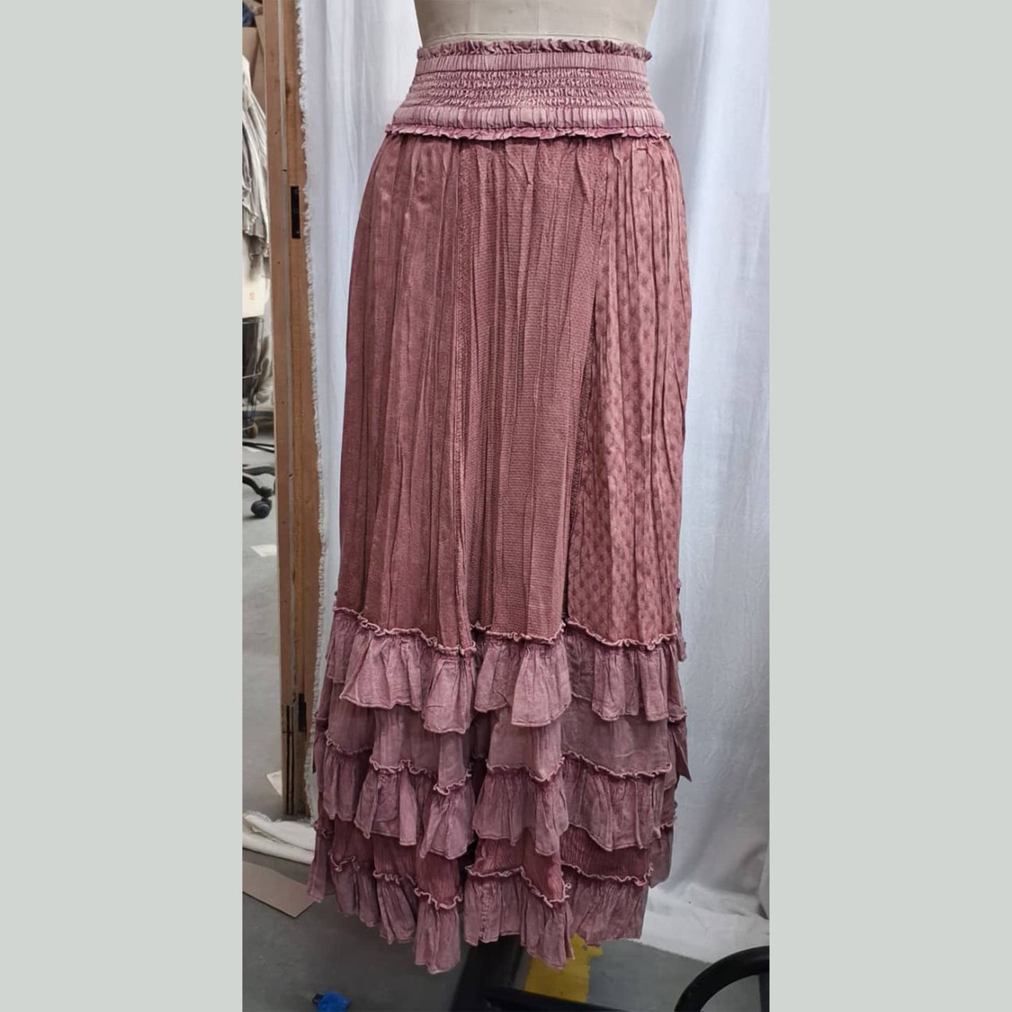 Rustic Smocked Waist Ruffled Tiered Maxi Skirt