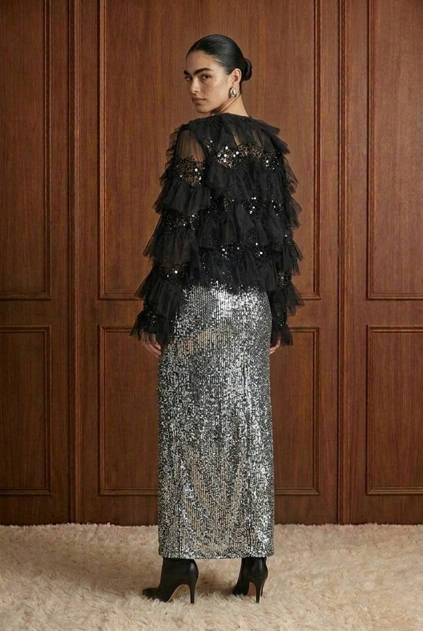 Embellished Tiered Ruffle Mesh Jacket