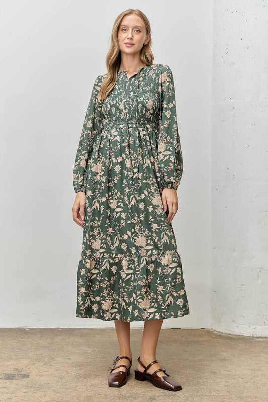 (PLUS) FLORAL PRINT SMOCKED MAXI DRESS