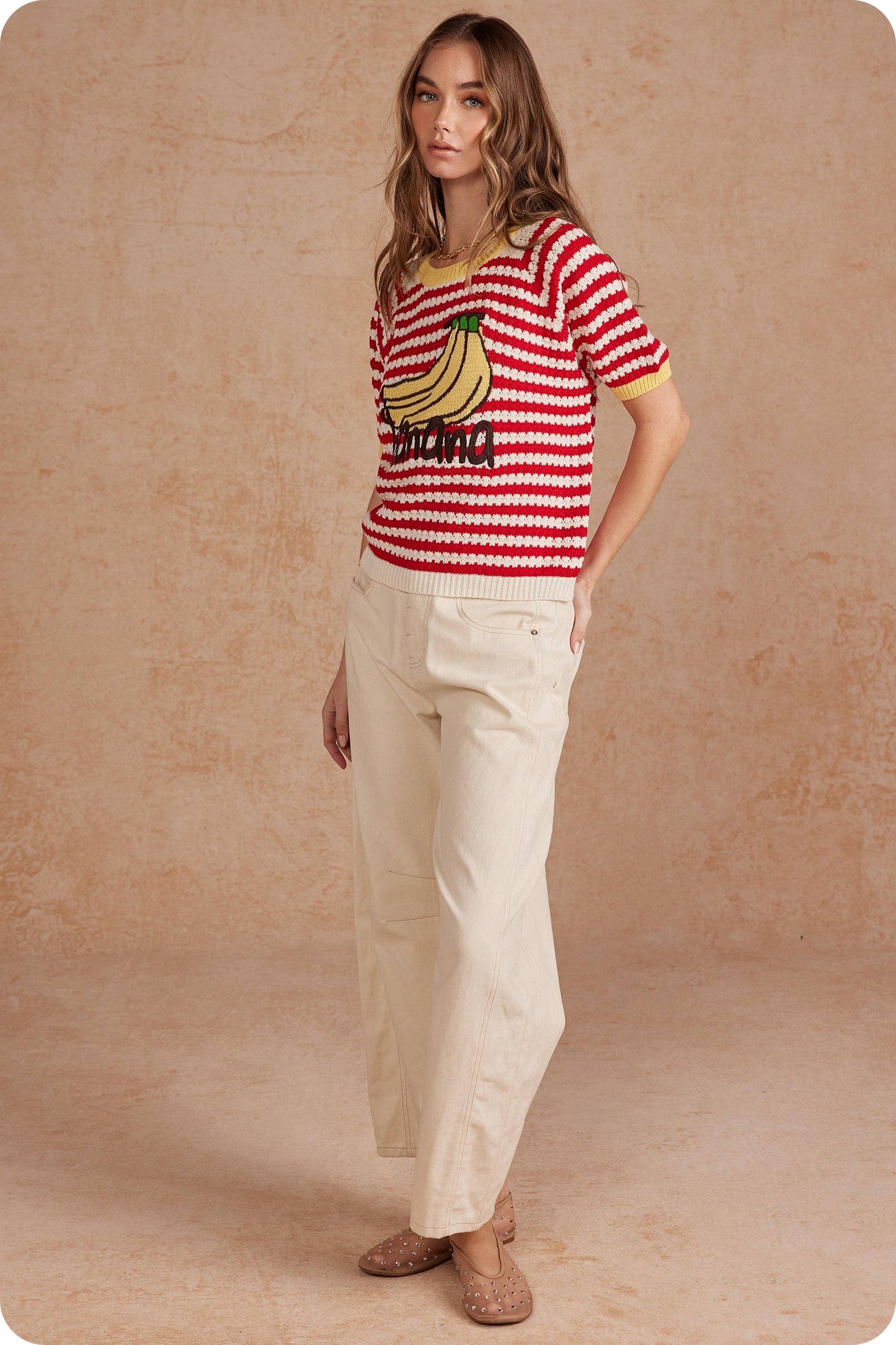 Playful Striped Banana Graphic Short Sleeve Sweater Top