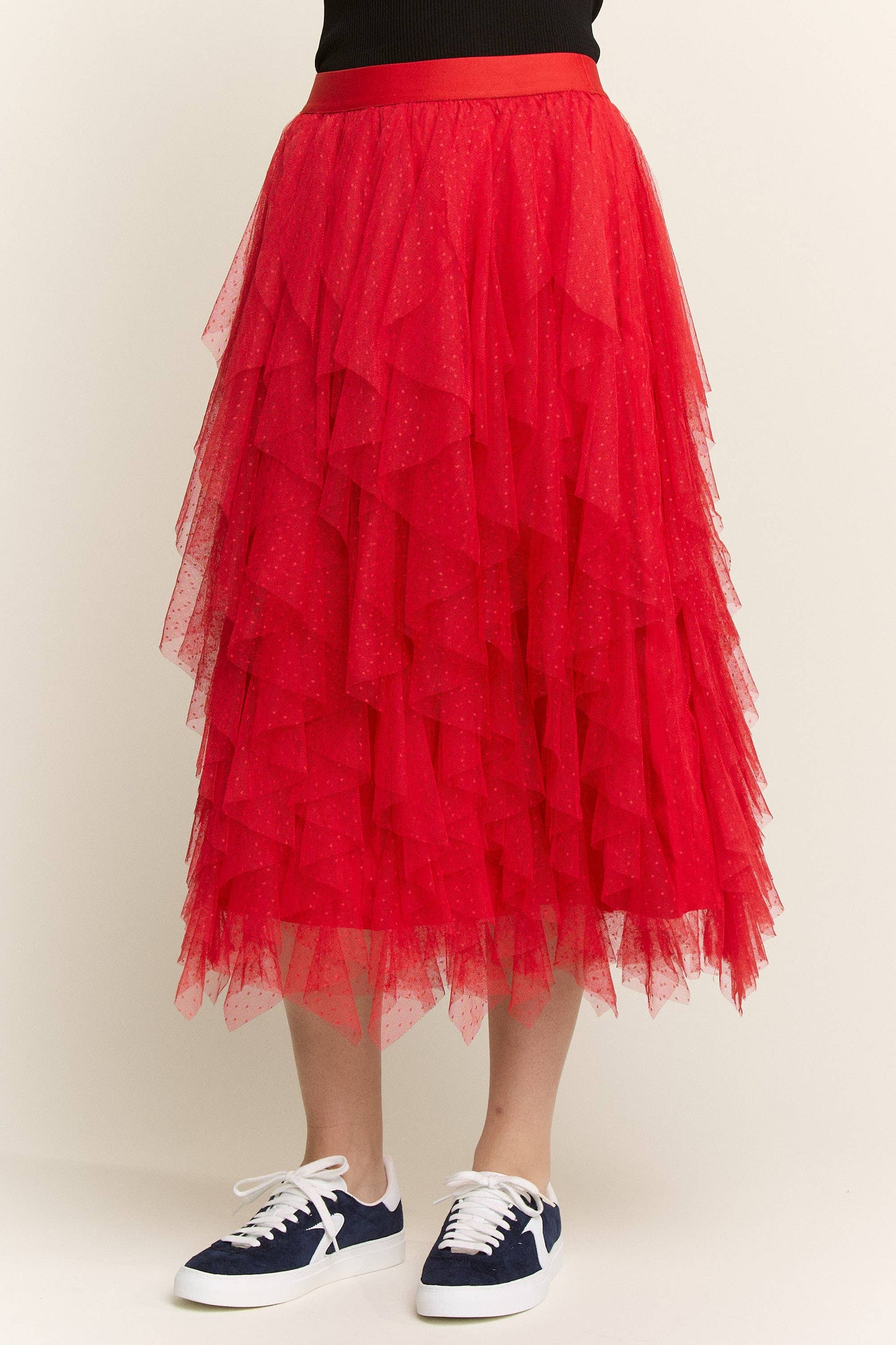 Layered Polka Dot Mesh Lined A-Line Midi Skirt JJB6007