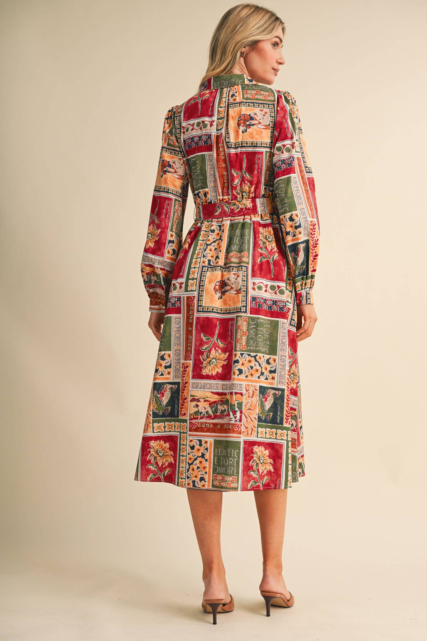 PATCHWORK PRT EMBELLISHED BUTTON DWN BELTED MIDI DRS MDR5359