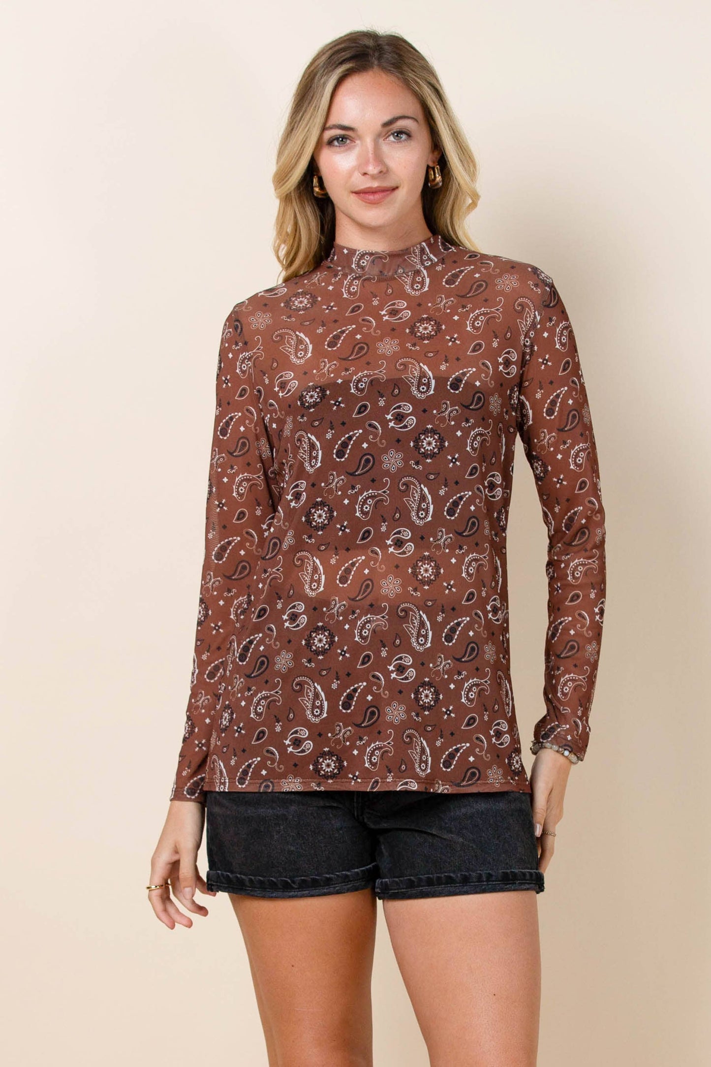 AV1230-EDITH BANDANA PRINT SEMI SHEER MESH TOP