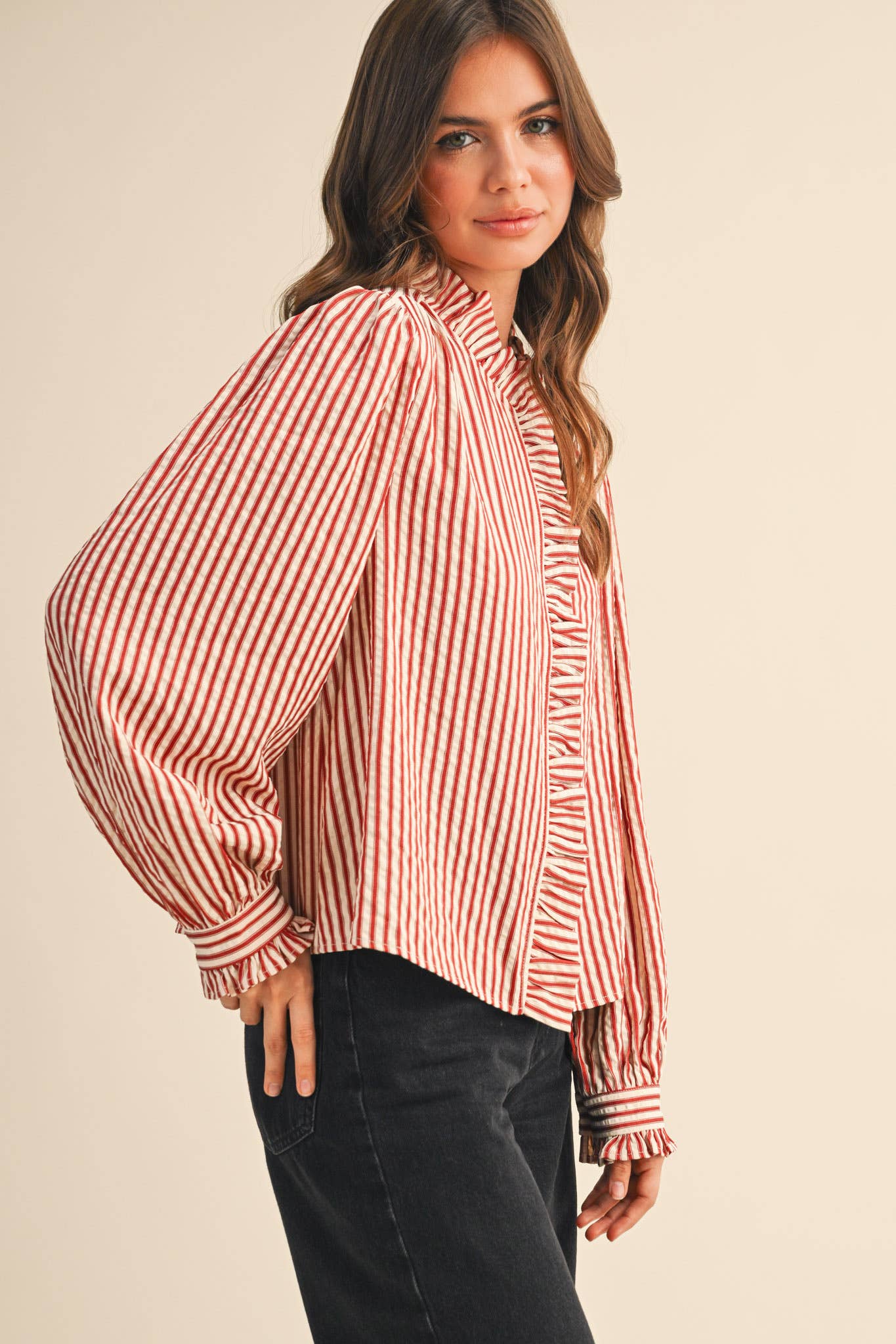 STRIPED RUFFLED BUTTON DOWN LONG SLEEVE TOP MTP4319