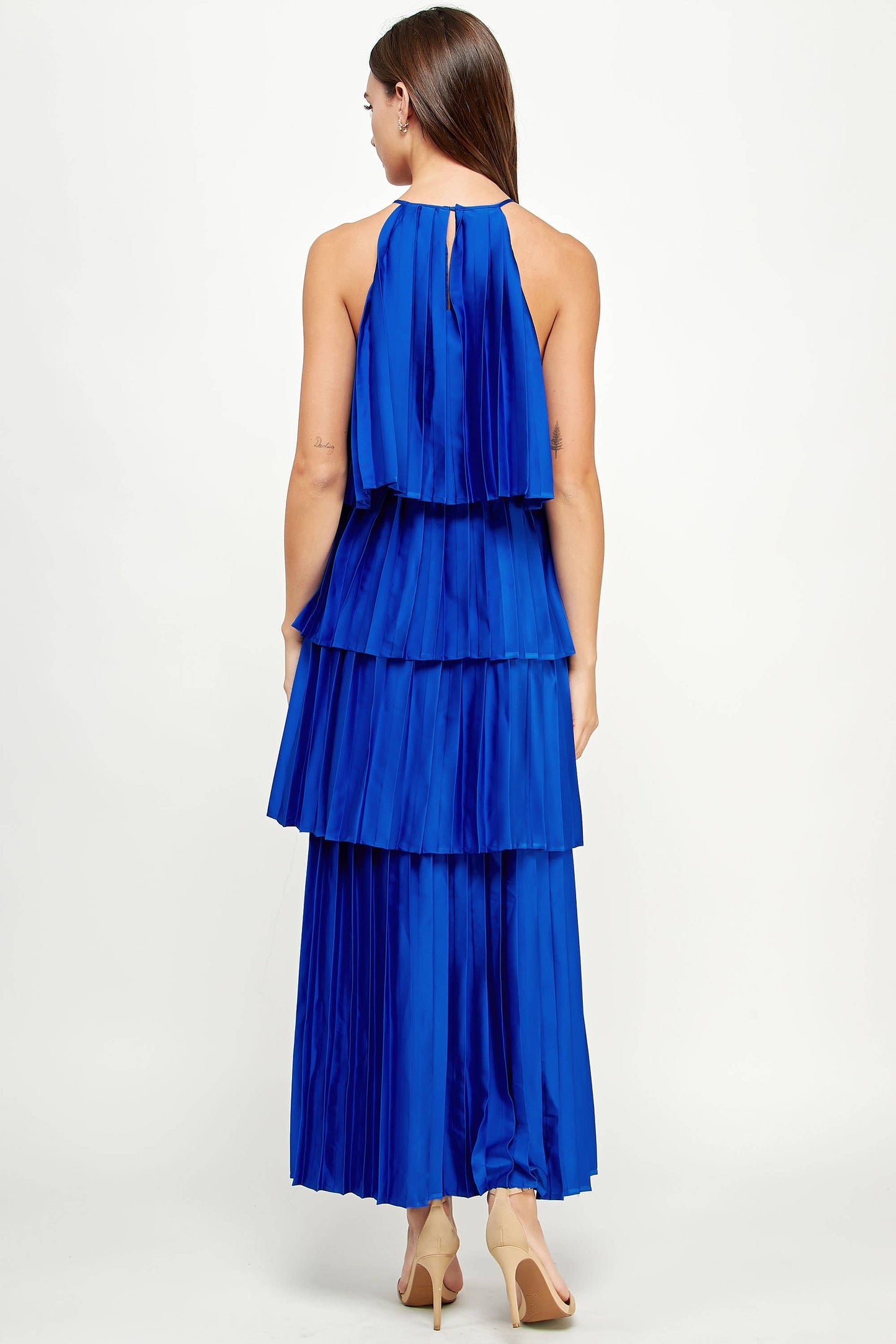 Pleated Satin Tiered Maxi Dress