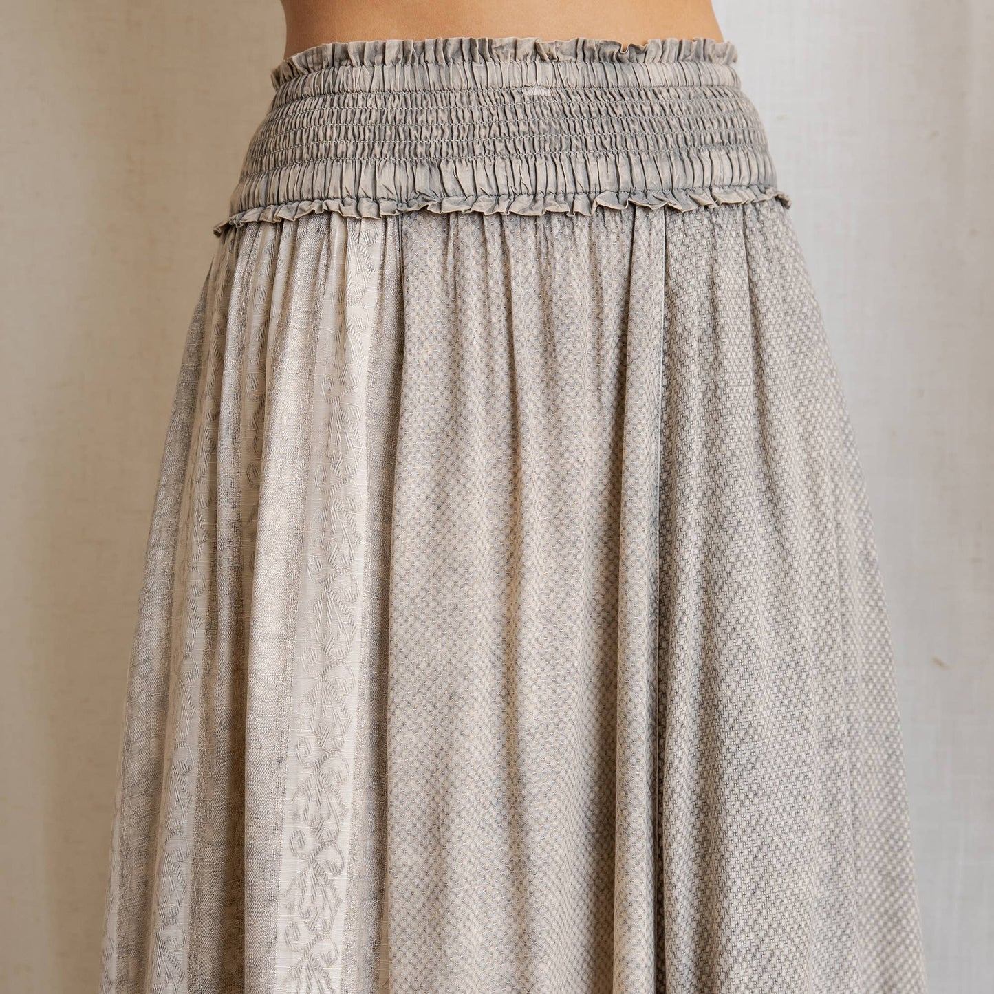 Rustic Smocked Waist Ruffled Tiered Maxi Skirt